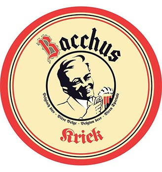 Étiquette de bière Bacchus Kriek avec un homme souriant tenant un verre de bière.