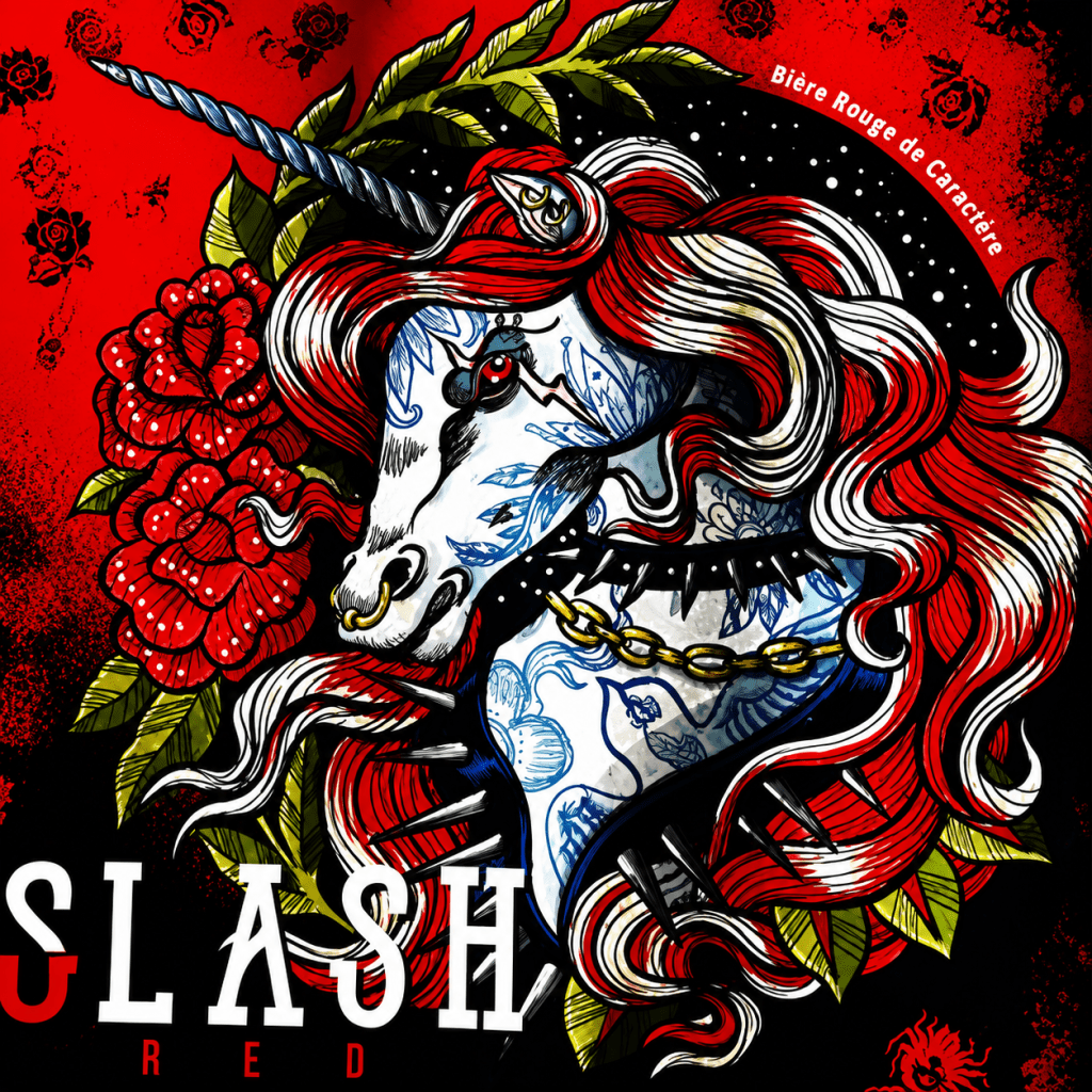 Illustration d'une licorne avec des tatouages, entourée de roses rouges sur fond rouge, avec le texte 'SLASH RED' et 'Bière Rouge de Caractère'.