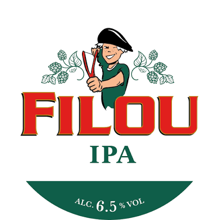 Étiquette de bière Filou IPA avec un personnage tenant des ciseaux, décorée de houblon, indiquant un taux d'alcool de 6,5%.