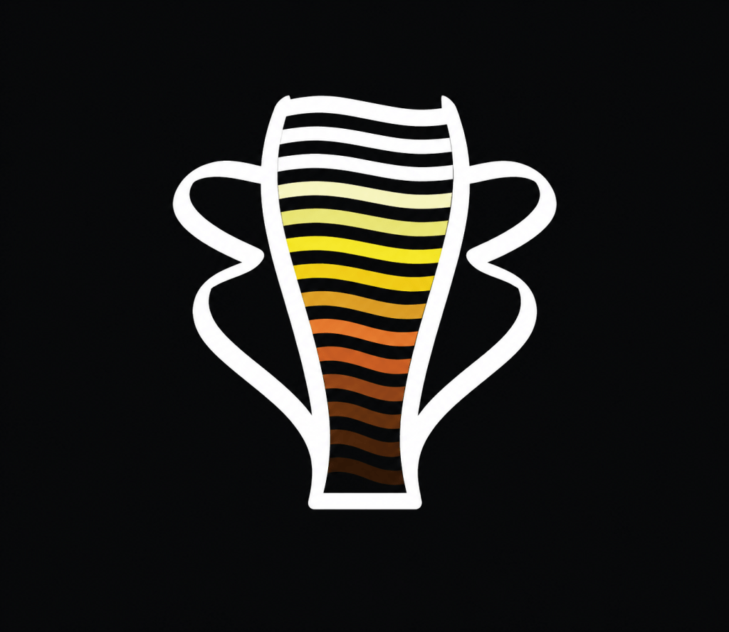 Un logo stylisé d'un trophée avec des lignes colorées dégradées dans les tons jaune, orange et noir sur fond noir.