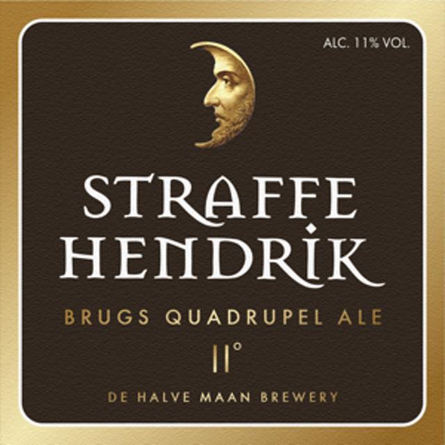 Étiquette de bière Straffe Hendrik, Bruges Quadrupel Ale, avec un logo de lune et des détails dorés.
