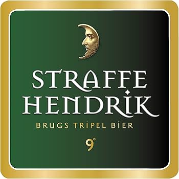 Étiquette de bière Straffe Hendrik, symbolisant une bière trappiste avec un fond vert et doré, portant la mention 'Brugs Tripel Bier' et un degré d'alcool de 9°.